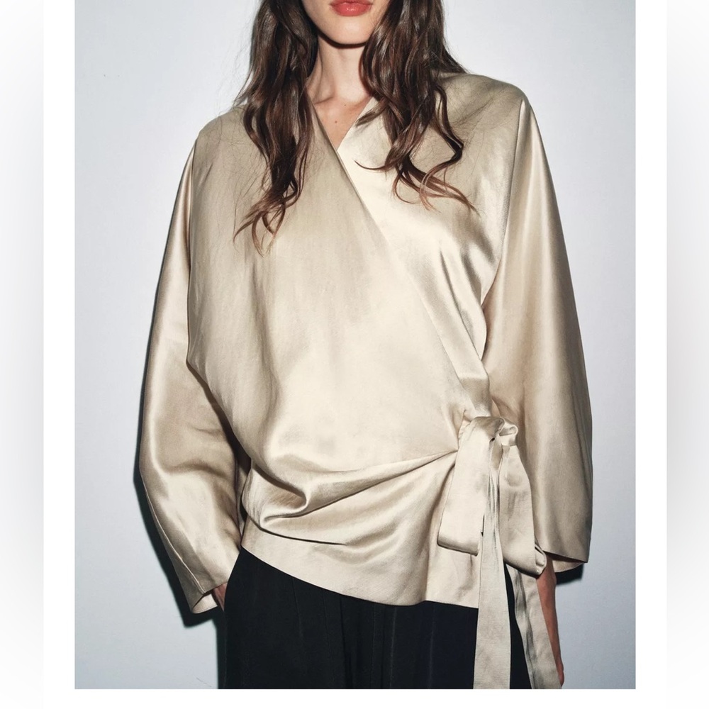 Zara NWT ZW collection light beige wrap tie side blouse